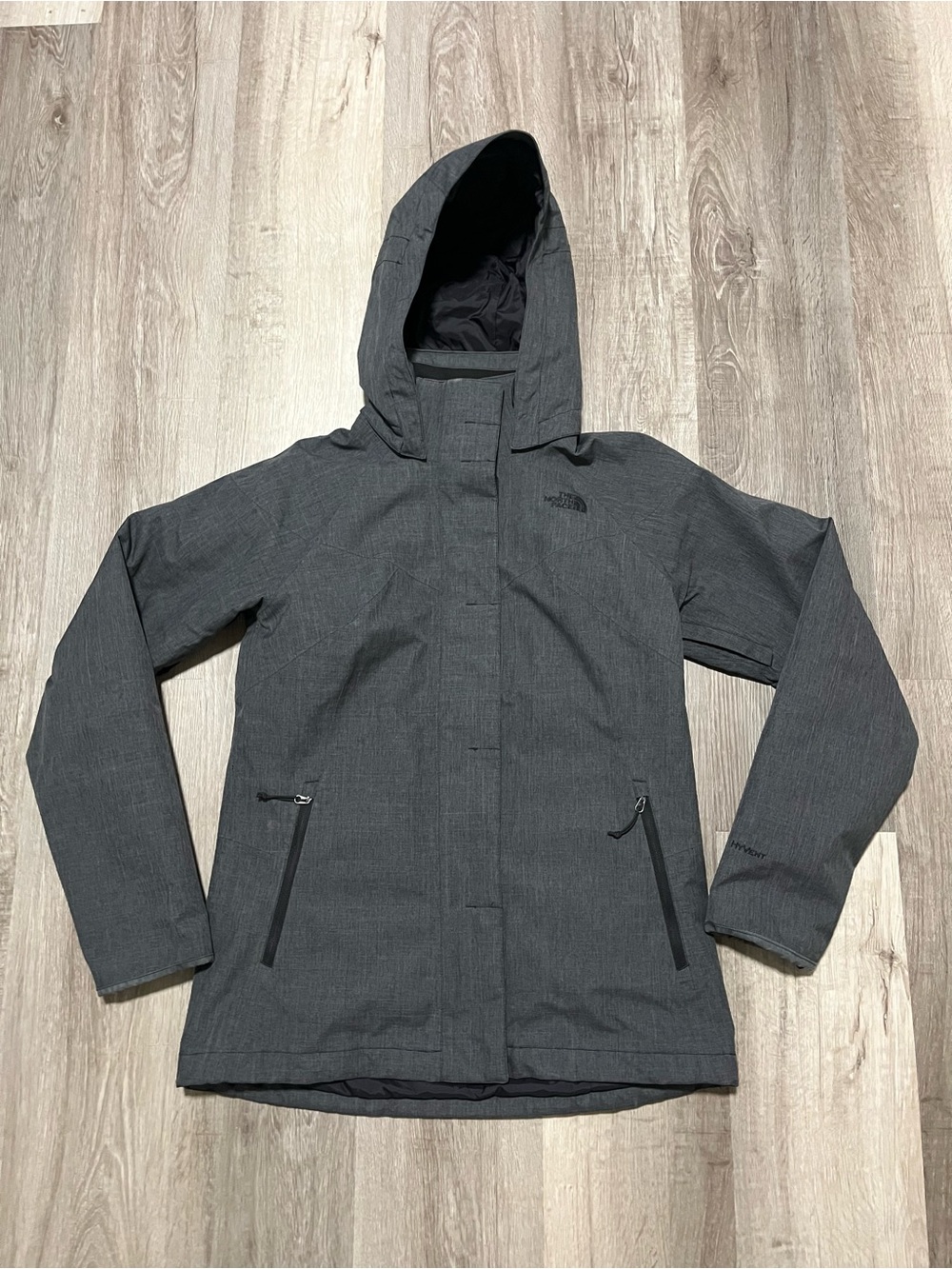 The North Face Women’s M Gray Hooded Waterproof Rain Jacket HyVent Outdoor Coat
